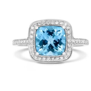 18ct White Gold Cushion Aquamarine and Diamond Cluster Ring