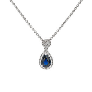 18ct White Gold Pear Shaped Sapphire and Diamond Cluster Pendant