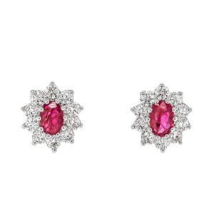 18ct White Gold Oval Ruby 1.00cts and Round Diamond Cluster Stud Earrings