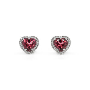 9ct White Gold Diamond & Pink Rhodolite Heart Cluster Stud Earrings