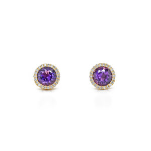 18ct Yellow Gold Round Diamond & Amethyst Cluster Stud Earrings