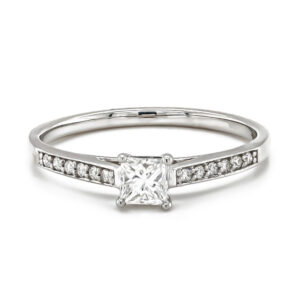 9ct White Gold Princess Diamond Ring With Diamond Shoulders Total .36cts