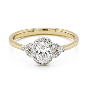 9ct Yellow & White Gold Oval & Brilliant Cut Diamond Cluster Ring .52cts
