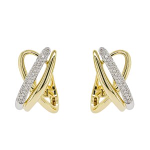 9ct Yellow & White Gold Brilliant Cut Diamond Cross Over Hoop Earrings