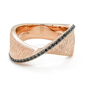 Silver & Rose Gold Plated Black Cubic Zirconia Satin Finished Curved Ring