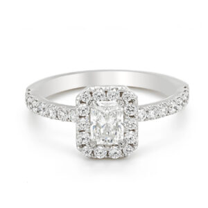 18ct White Gold Rectangle Emerald Cut Diamond Halo Cluster Ring Total 1.11ct