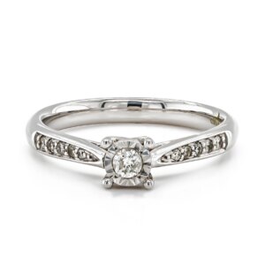 9ct White Gold Brilliant Cut Diamond Illusion Set Ring with Diamond Set Shoulders Total .19cts