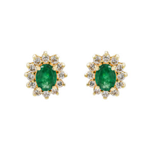 Pre-Owned 18ct Yellow Gold Emerald and Diamond Cluster Earrings