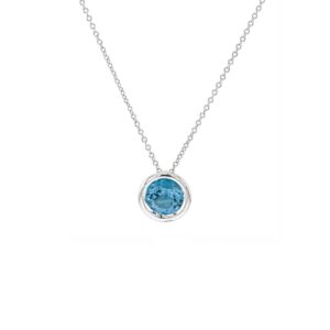 18ct White Gold Brilliant Cut Blue Topaz Rub Over Pendant with 18" Chain