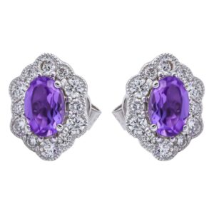 9ct White Gold Amethyst and Diamond Scalloped Edge Cluster Earrings