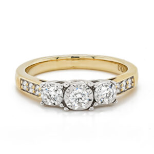 9ct Yellow Gold Illusion Set Trilogy Diamond Ring with Diamond Set Shoulders .33cts