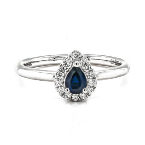 9ct White Gold Pear Shaped Sapphire .42cts and Diamond .12cts Cluster Ring