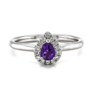 9ct White Gold Pear Shaped Amethyst .28cts and Diamond .12cts Cluster Ring