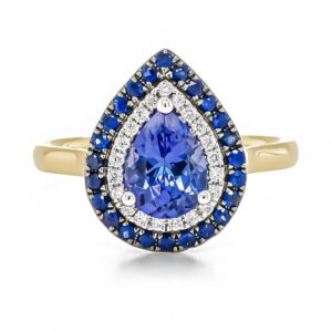 18ct Yellow Gold Pear Shaped Tanzanite, Sapphire and Diamond Cluster Dress Ring