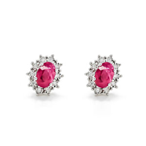 9ct White Gold Oval Ruby With Diamonds Cluster Stud Earrings