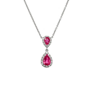 18ct White Gold Double Ruby and Diamond Pear Shaped Cluster Drop Necklace