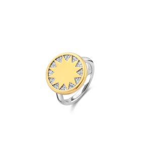 Tisento Silver & Gold Plate CZ  Round Sun Patterned Ring - 12215ZY/56