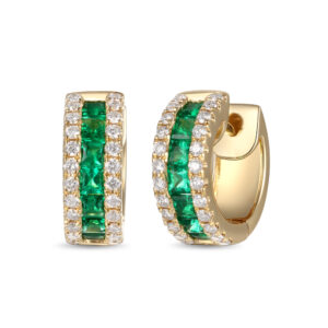18ct Yellow Gold Princess Cut Emerald and Brilliant Diamond Hoops
