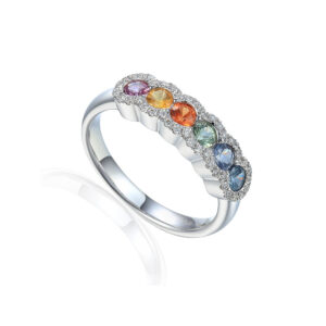 18ct White Gold Fancy Coloured Sapphire and Diamond Cluster Edged Band