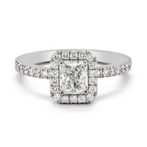 18ct White Gold Emerald Cut 1.01cts with Diamond Halo Surround and Diamond Shoulders