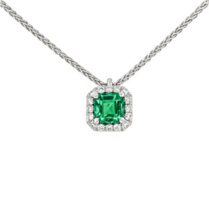 18ct White Gold Octagonal Colombian Emerald and Brilliant Cut Diamond Pendant with 16" Chain