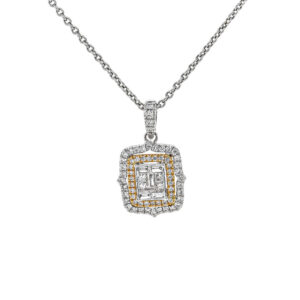 18ct White and Yellow Gold Baguette and Brilliant Cut Diamond Square Halo Cluster Pendant .54cts