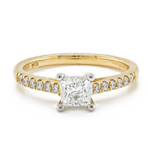 18ct Yellow and White Princess Cut Ring with Diamond Shoulders