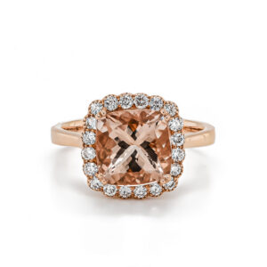 18ct Rose Gold Cushion Morganite and Diamond Halo Surround Dress Ring