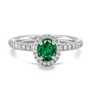 18ct White Gold Oval Emerald and Diamond Cluster with Diamond Shoulders Dress Ring