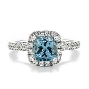 Platinum Cushion Shaped Aquamarine and Diamond Cluster Ring