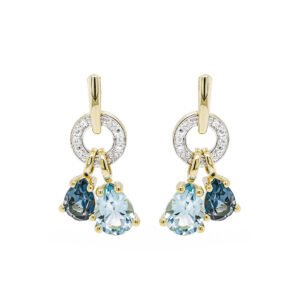 9ct Yellow Gold Diamond with Dark Blue and Sky Blue Topaz Dropper Earrings