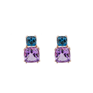 9ct Rose Gold Blue Topaz and Amethyst Dropper Earrings