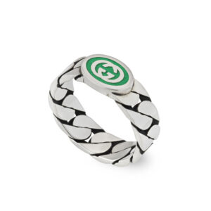 Gucci Silver Interlocking G Green Enamel Ring YBC701612001