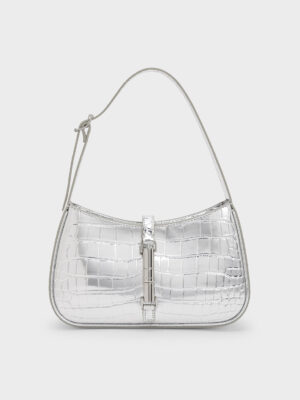 Charles & Keith - Cesia Croc-Effect Metallic-Accent Shoulder Bag