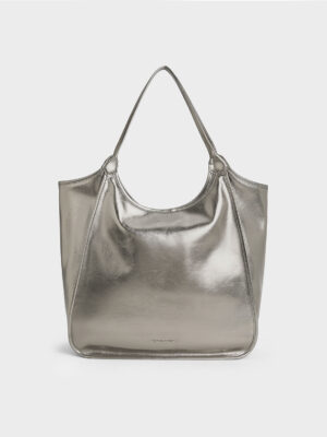 Charles & Keith - Sianna Metallic Crinkle-Effect Slouchy Tote Bag
