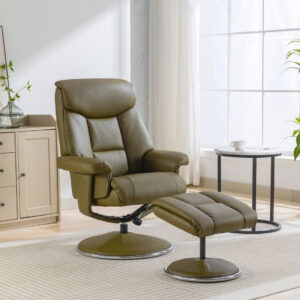 Biarritz Luxury Swivel Recliner Chair - Olive Green / Free Footstool / Plush PU