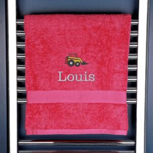Children's Personalised Digger Bath Towel - Duncan Stewart 1978 Pink