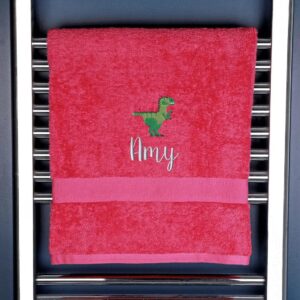 Children's Personalised Dinosaur Bath Towel - Duncan Stewart 1978 Pink