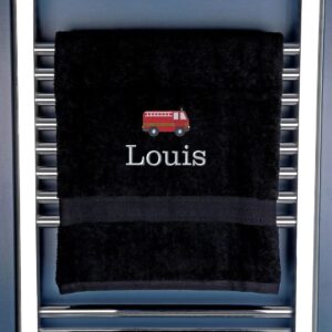 Children's Personalised Fire Engine Bath Towel - Duncan Stewart 1978 Black