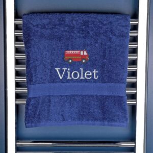 Children's Personalised Fire Engine Bath Towel - Duncan Stewart 1978 Navy