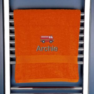 Children's Personalised Fire Engine Bath Towel - Duncan Stewart 1978 Orange