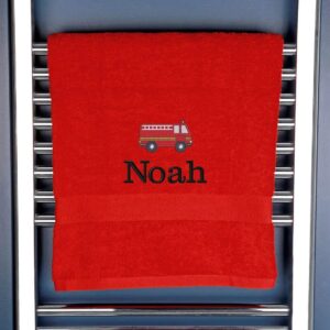 Children's Personalised Fire Engine Bath Towel - Duncan Stewart 1978 Red