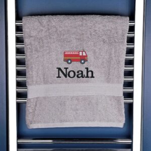 Children's Personalised Fire Engine Bath Towel - Duncan Stewart 1978 Silver