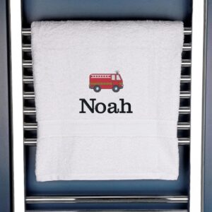 Children's Personalised Fire Engine Bath Towel - Duncan Stewart 1978 White
