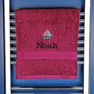 Children's Personalised Sailing Boat Bath Towel - Duncan Stewart 1978 Aubergine