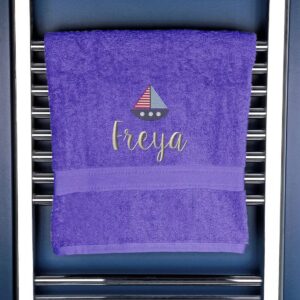 Children's Personalised Sailing Boat Bath Towel - Duncan Stewart 1978 Purple