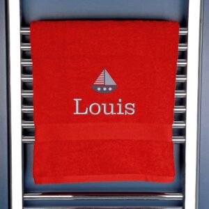 Children's Personalised Sailing Boat Bath Towel - Duncan Stewart 1978 Red