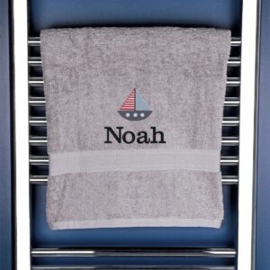 Children's Personalised Sailing Boat Bath Towel - Duncan Stewart 1978 Silver