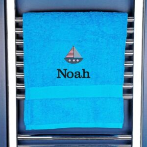 Children's Personalised Sailing Boat Bath Towel - Duncan Stewart 1978 Turquoise