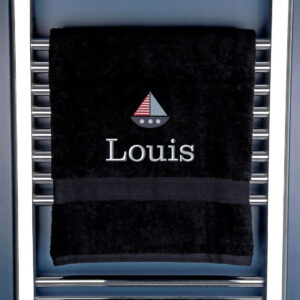 Children's Personalised Sailing Boat Bath Towel - Duncan Stewart 1978 Black